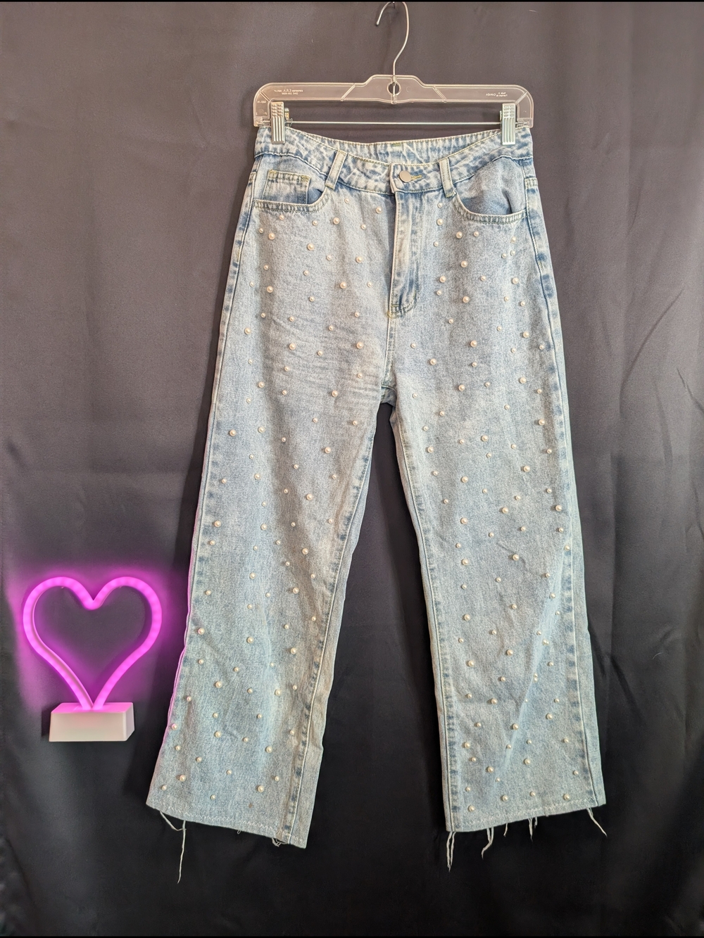 Pearl-Embellished Light Wash Women's Jeans Bridal Going Out Distressed